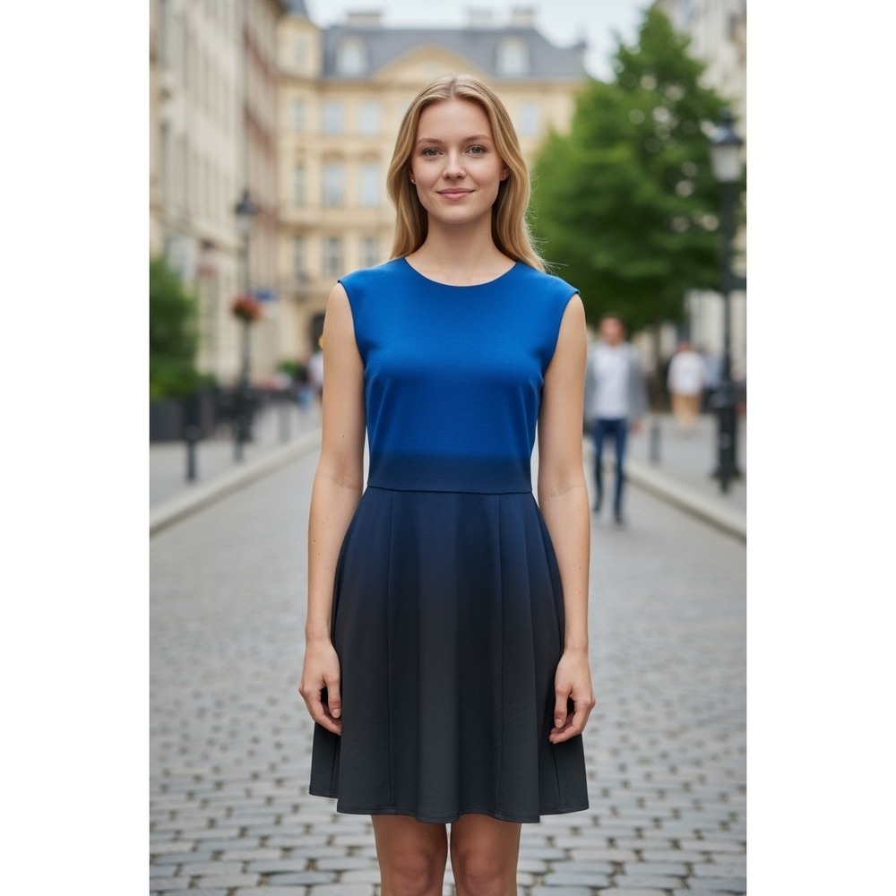 Catherine Malandrino Dress Pleated Ombre Blue Black Sleeveless Career Medium NWT